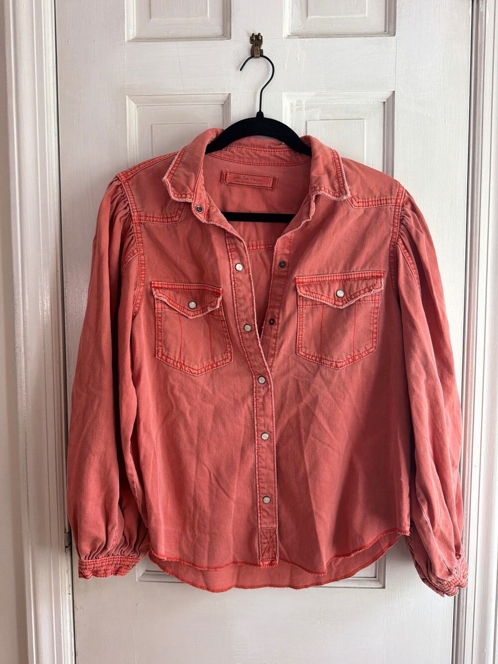 We The Free (Free People) Puff-Sleeve Denim Shirt - Size S Coral Pink